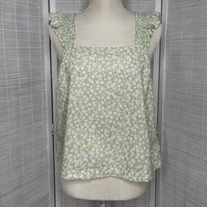 J.Crew Green White Floral Cotton Smocked Ruffle Strap Sleeveless Top Size S